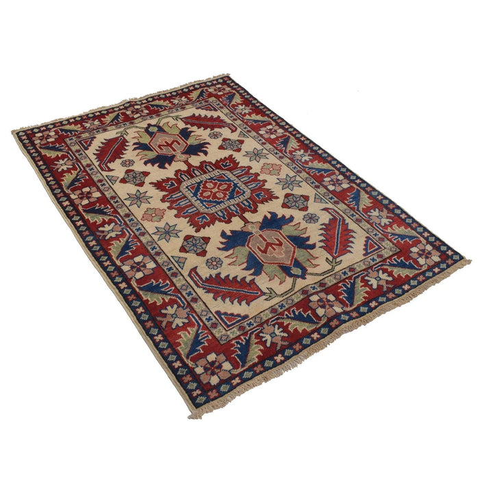 Red Afghan Kazak Rug 3' 4" x 4' 10" Hand-Knotted | No. AL82138