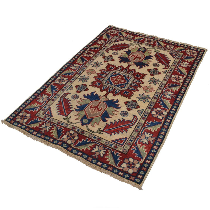 Red Afghan Kazak Rug 3' 4" x 4' 10" Hand-Knotted | No. AL82138