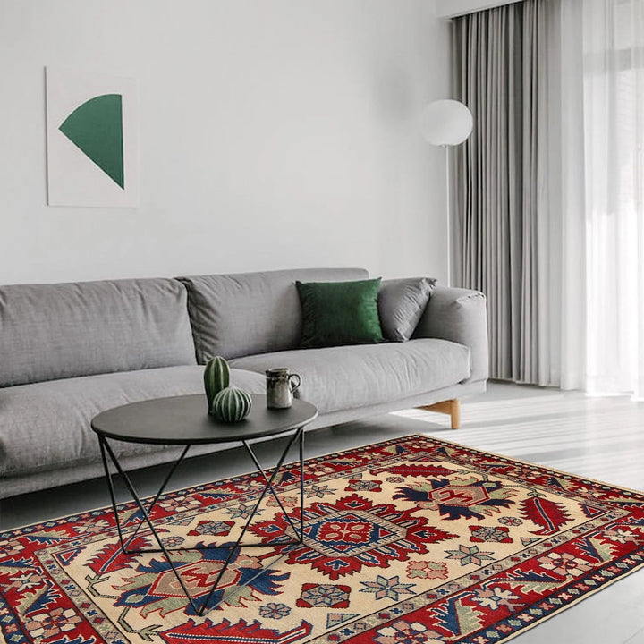 Red Afghan Kazak Rug 3' 4" x 4' 10" Hand-Knotted | No. AL82138