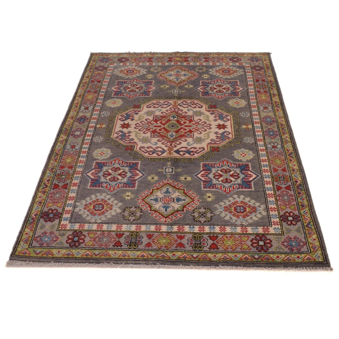 Grey Afghan Kazak Rug 3' 11" x 4' 0" Hand-Knotted | No. AL82212