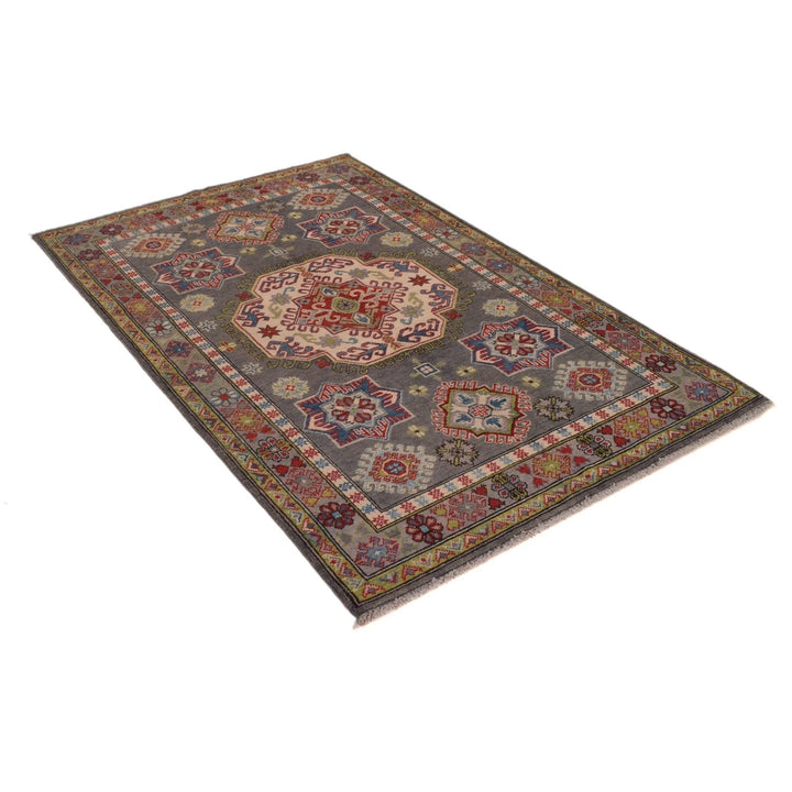 Grey Afghan Kazak Rug 3' 11" x 4' 0" Hand-Knotted | No. AL82212