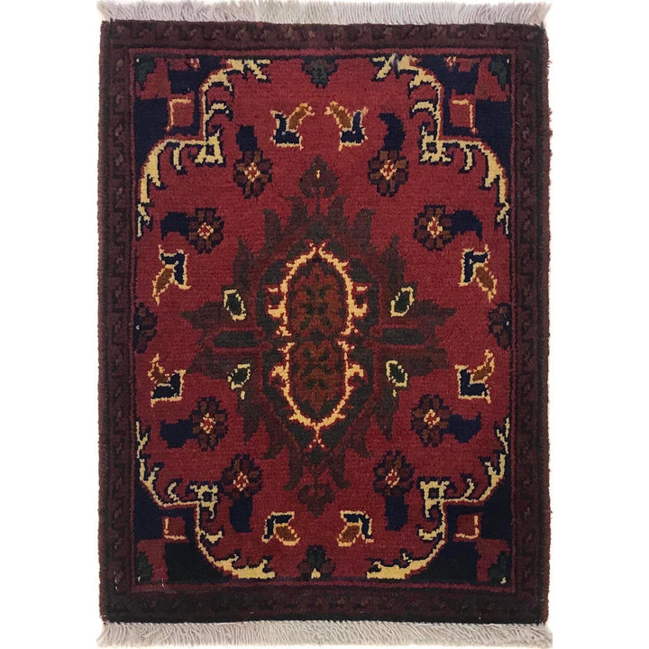 Red Afghan Oriental Doormat 1' 4" x 1' 11" Hand-Knotted | No. AL82279