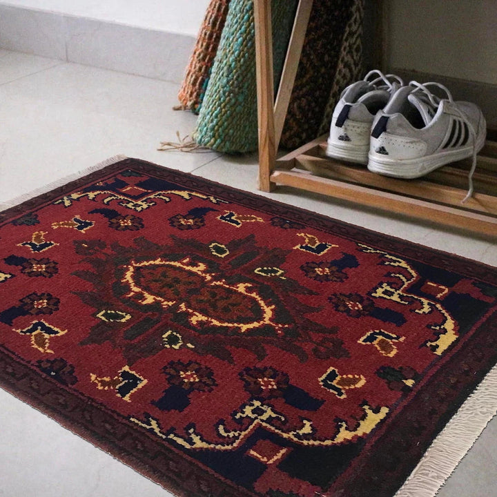 Red Afghan Oriental Doormat 1' 4" x 1' 11" Hand-Knotted | No. AL82279