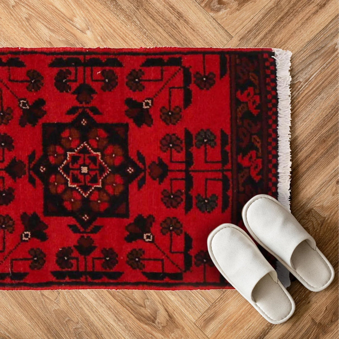 Red Afghan Oriental Doormat 1' 6" x 2' 2" Hand-Knotted | No. AL82335