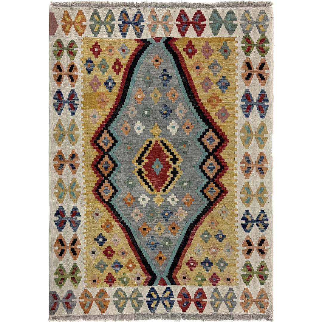 Multicolor Afghan Vegetable Kilim Rug 3' 6" x 4' 9" Flat-Weave | No. AL82351