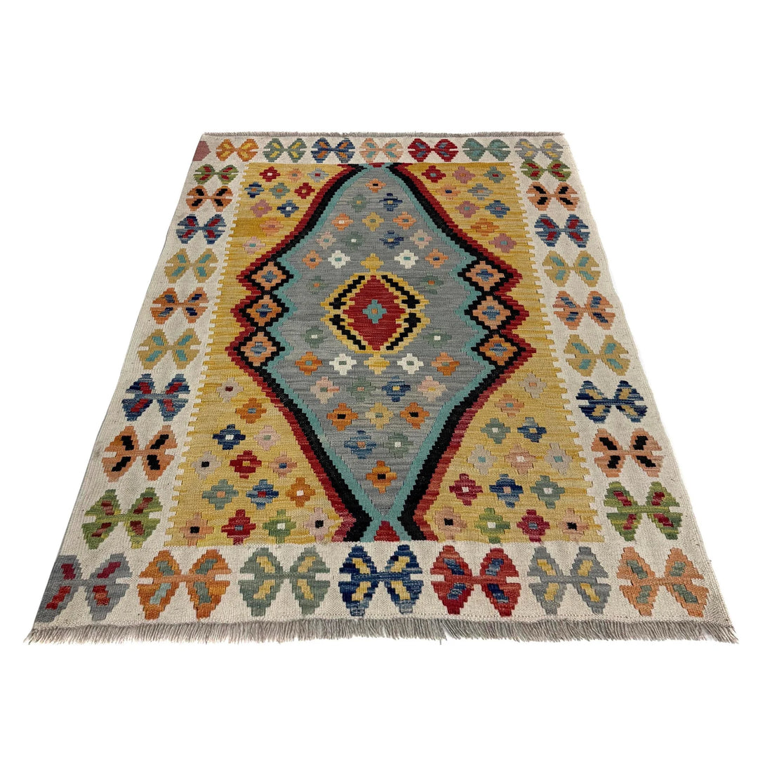 Multicolor Afghan Kilim Rug 3'6" x 4'9" Flat-Weave detail