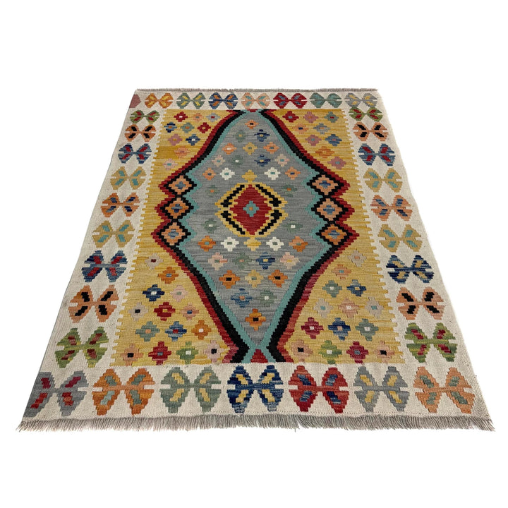 Multicolor Afghan Kilim Rug 3'6" x 4'9" Flat-Weave detail