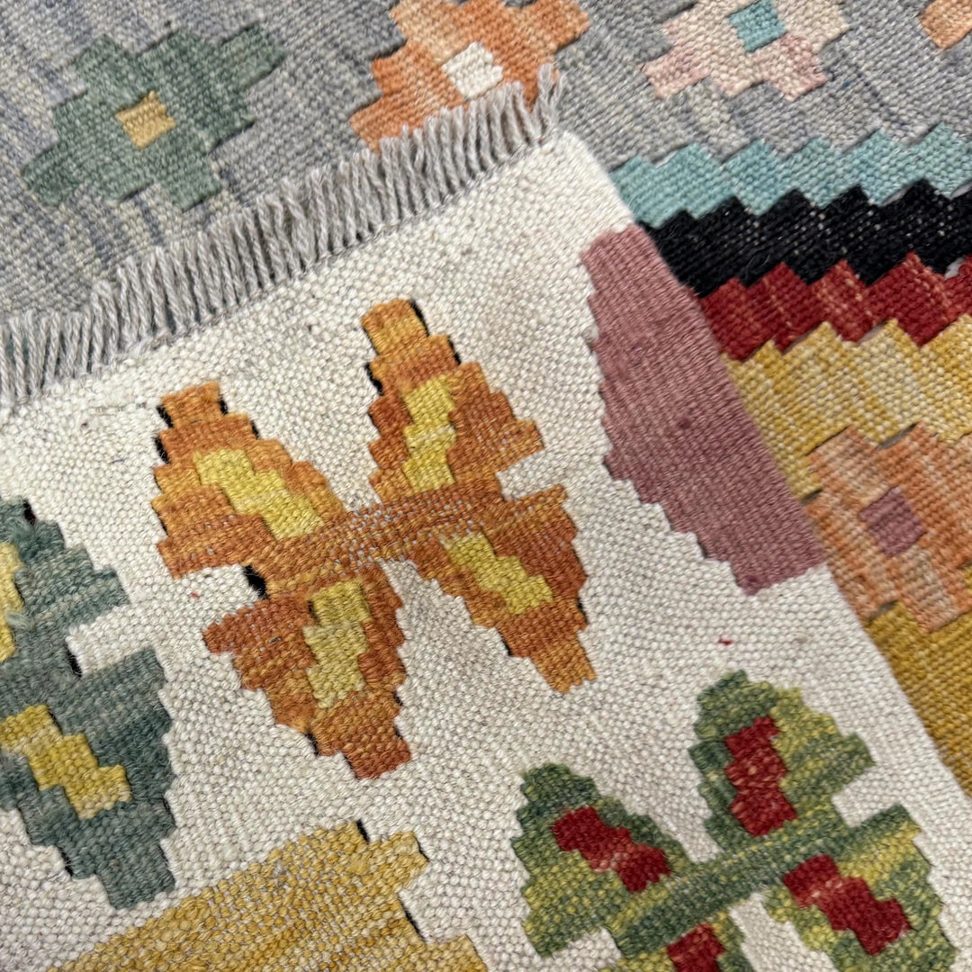 Multicolor Afghan Kilim Rug 3'6" x 4'9" Flat-Weave border