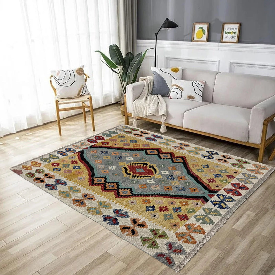 Multicolor Afghan Kilim Rug 3'6" x 4'9" Flat-Weave reverse