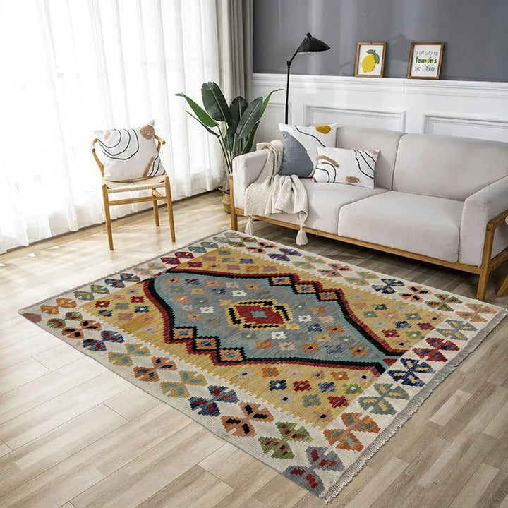 Multicolor Afghan Kilim Rug 3'6" x 4'9" Flat-Weave reverse