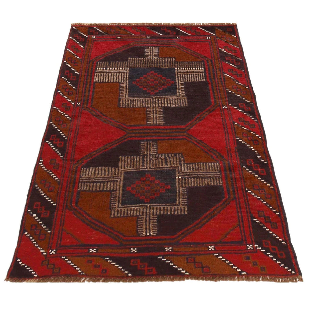 Red Afghan Baluchi Rug 2' 11" x 4' 7" Hand-Knotted | No. AL82552