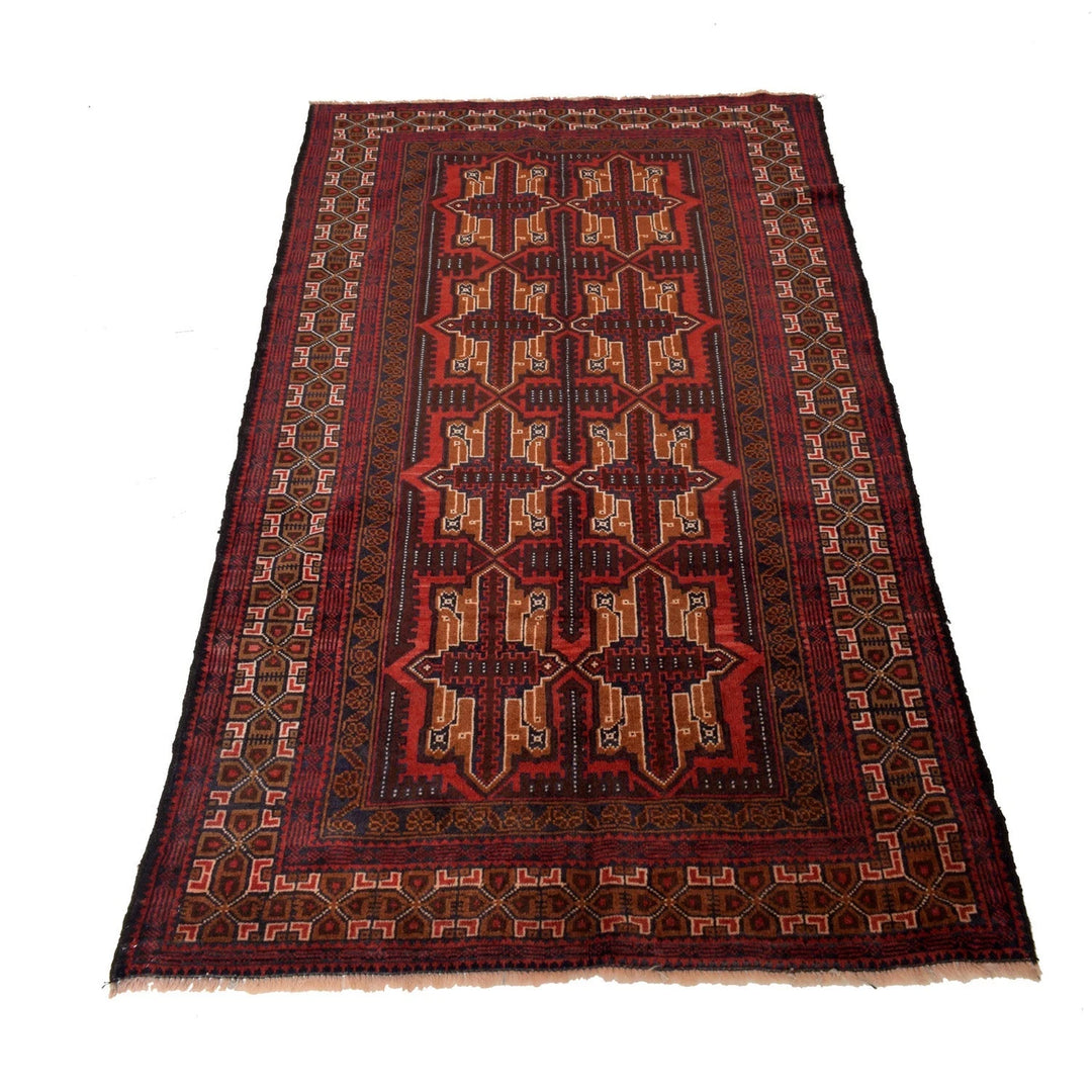 Red Afghan Baluchi Rug 3' 7" x 6' 7" Hand-Knotted | No. AL82607