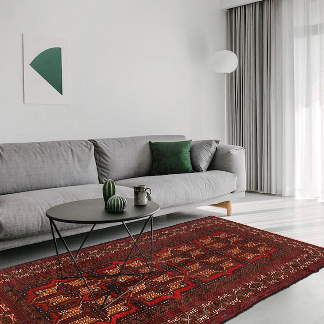 Red Afghan Baluchi Rug 3' 7" x 6' 7" Hand-Knotted | No. AL82607