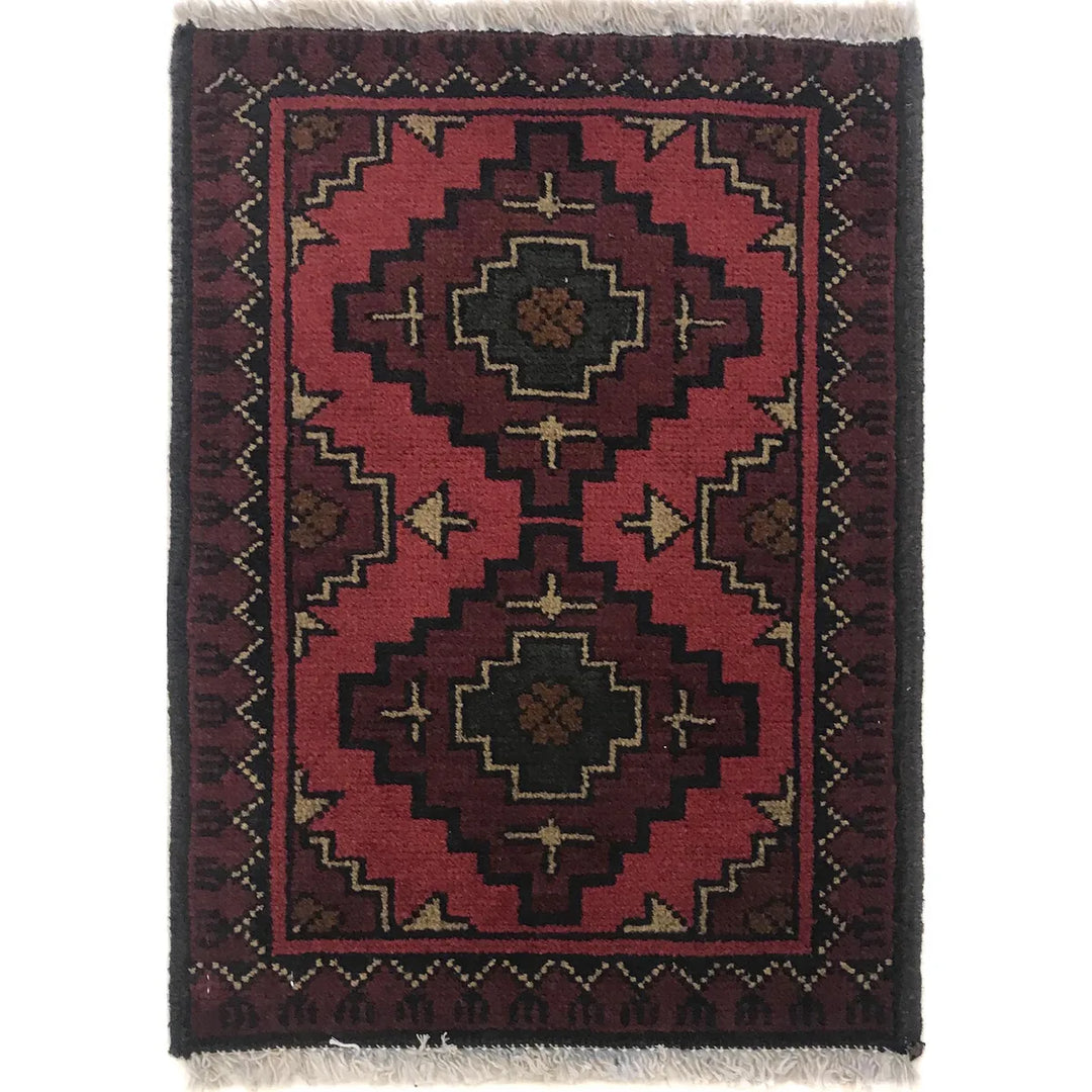 Red Afghan Doormat Rug 1' 4" x 2' 0" Hand-Knotted | No. AL82632
