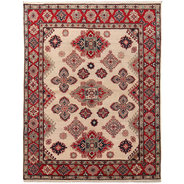 Beige Afghan Kazak Rug 5' 0" x 6' 7" Hand-Knotted | No. AL82660