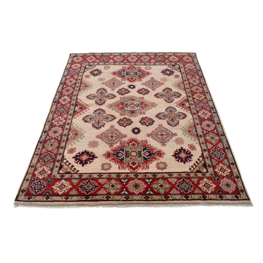 Beige Afghan Kazak Rug 5' 0" x 6' 7" Hand-Knotted | No. AL82660