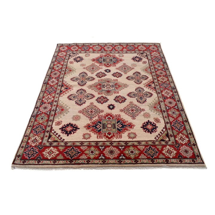 Beige Afghan Kazak Rug 5' 0" x 6' 7" Hand-Knotted | No. AL82660