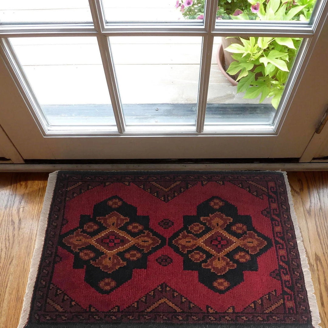 Red Afghan Oriental Doormat 1' 6" x 2' 2" Hand-Knotted | No. AL82832