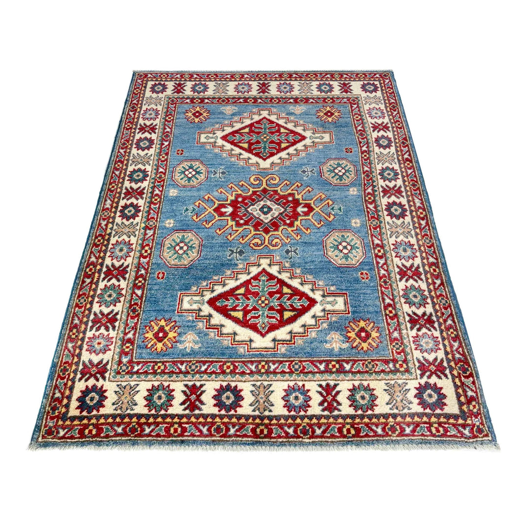 Blue Afghan Kazak Rug 3' 3" x 4' 11" Hand-Knotted | No. AL83011