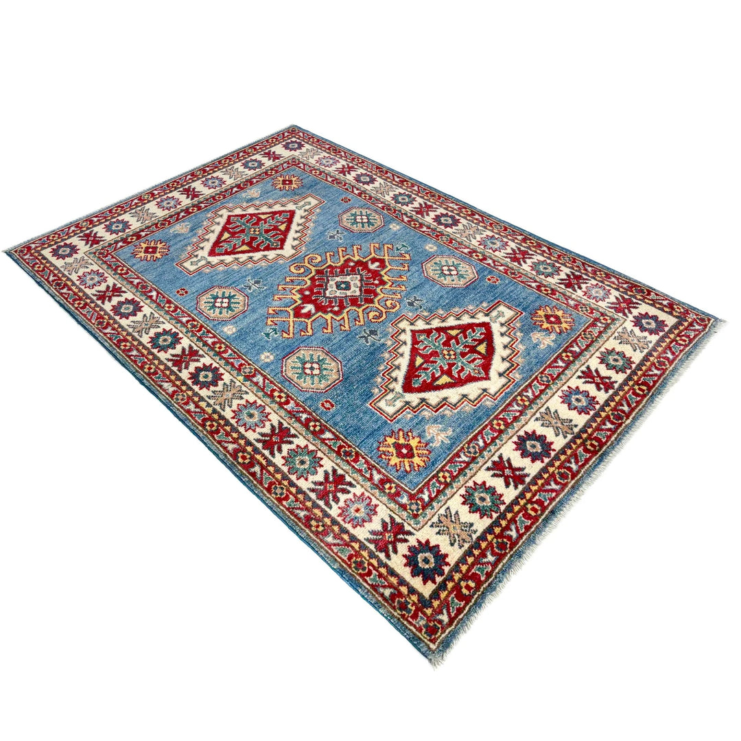Blue Afghan Kazak Rug 3' 3" x 4' 11" Hand-Knotted | No. AL83011
