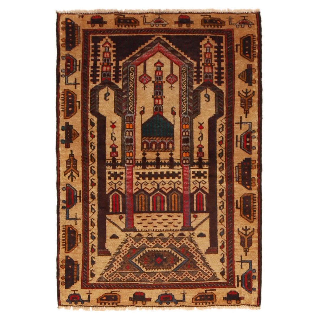 Beige Afghan Prayer Rug 2' 9" x 4' 0" Hand-Knotted | No. AL83059