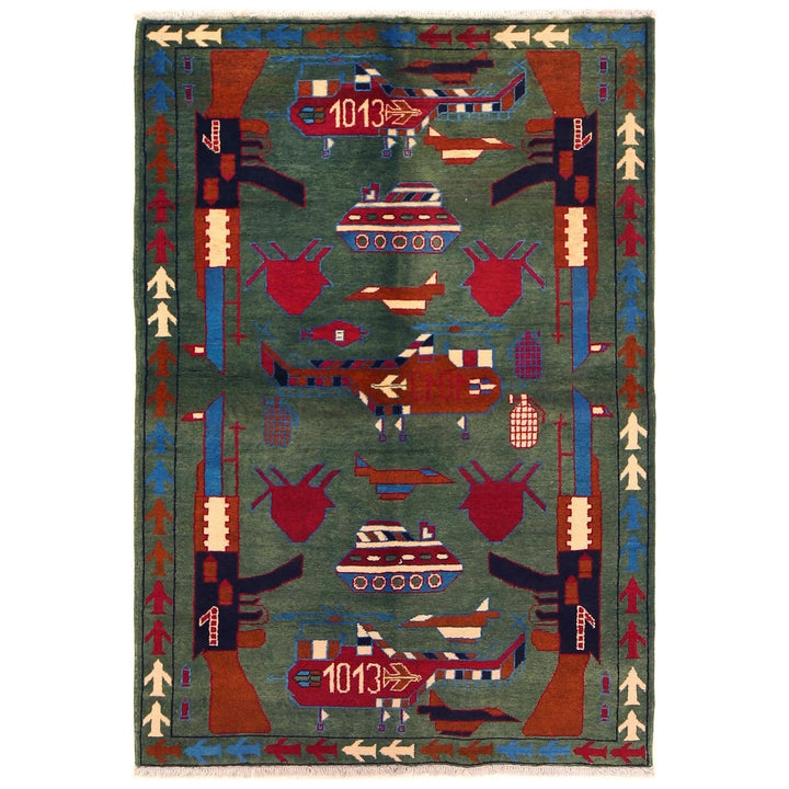 Green Afghan War Rug 4' 0" x 5' 9" Hand-Knotted | No. AL83128