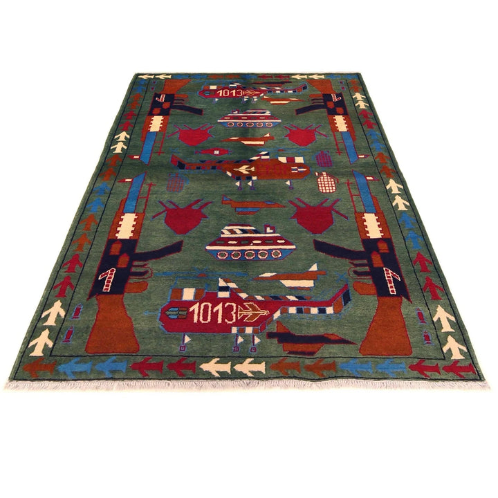 Green Afghan War Rug 4' 0" x 5' 9" Hand-Knotted | No. AL83128