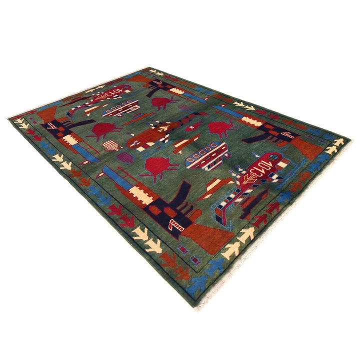 Green Afghan War Rug 4' 0" x 5' 9" Hand-Knotted | No. AL83128