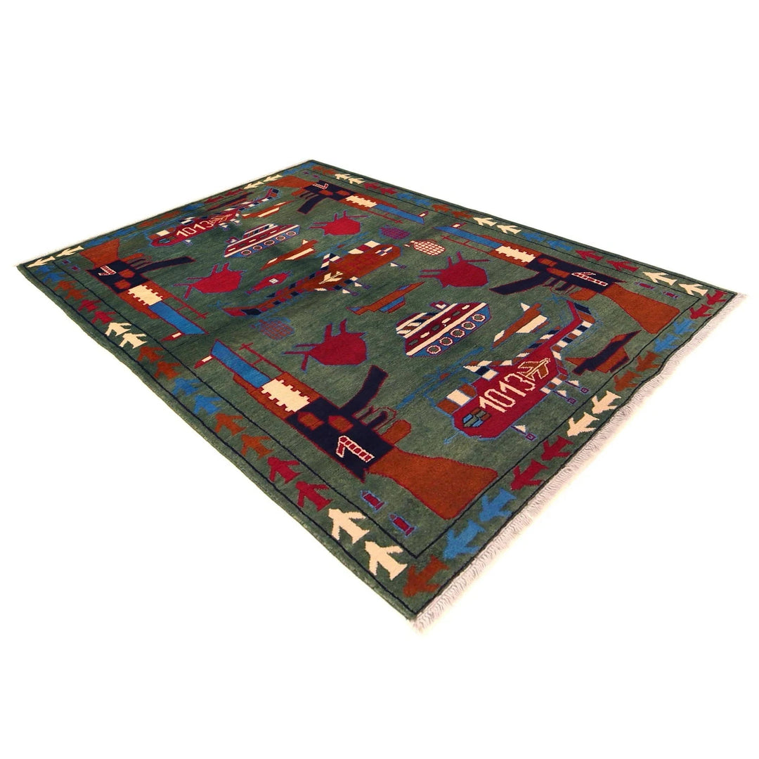 Green Afghan War Rug 4' 0" x 5' 9" Hand-Knotted | No. AL83128