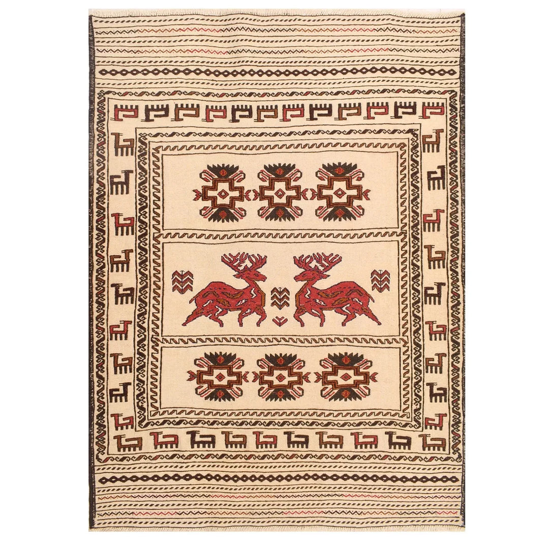 White Afghan Soumak Rug 4' 4" x 5' 9" Flat-Weave | No. AL83185