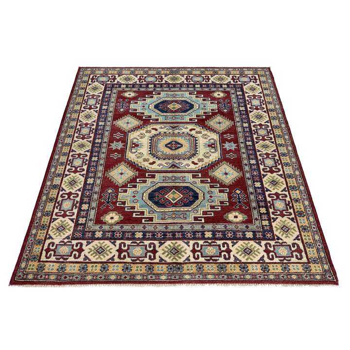 Red Afghan Kazak Rug 5' 0" x 6' 6" Hand-Knotted | No. AL83258