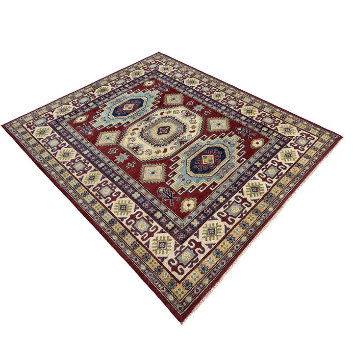 Red Afghan Kazak Rug 5' 0" x 6' 6" Hand-Knotted | No. AL83258