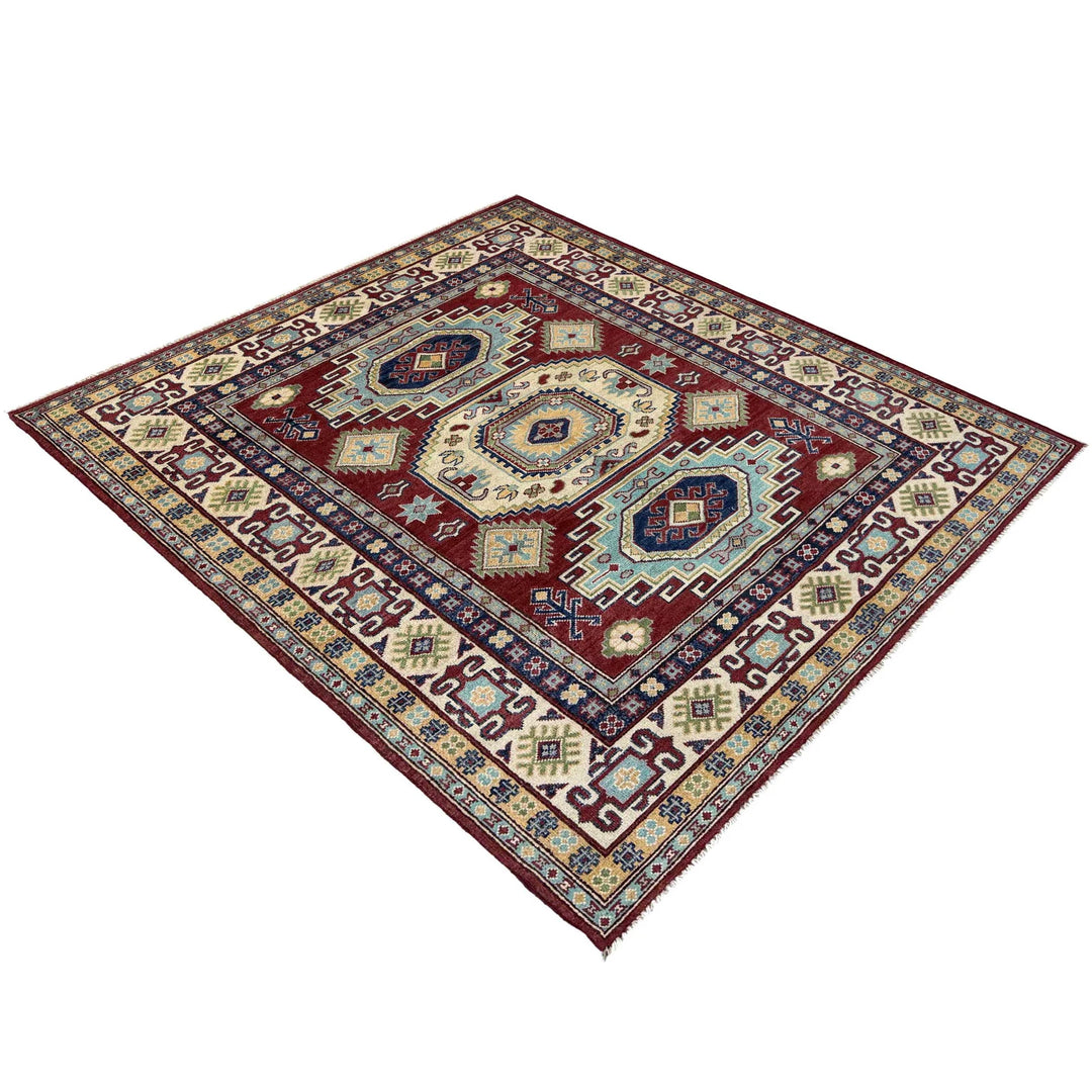 Red Afghan Kazak Rug 5' 0" x 6' 6" Hand-Knotted | No. AL83258