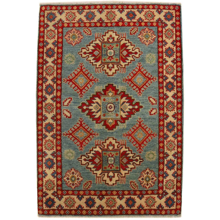 Blue Afghan Kazak Rug 3' 4" x 4' 10" Hand-Knotted | No. AL83457