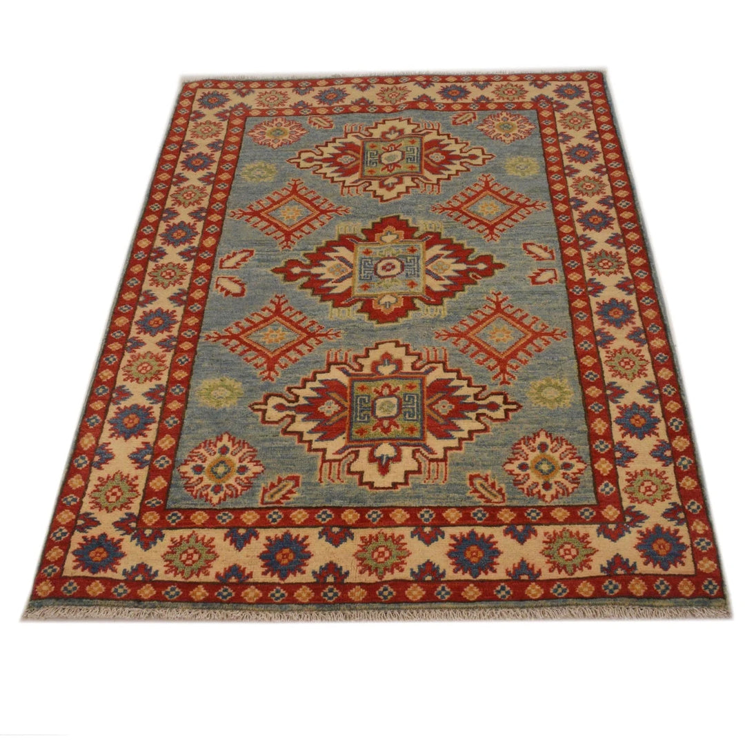 Blue Afghan Kazak Rug 3' 4" x 4' 10" Hand-Knotted | No. AL83457