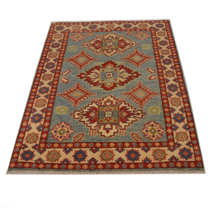Blue Afghan Kazak Rug 3' 4" x 4' 10" Hand-Knotted | No. AL83457
