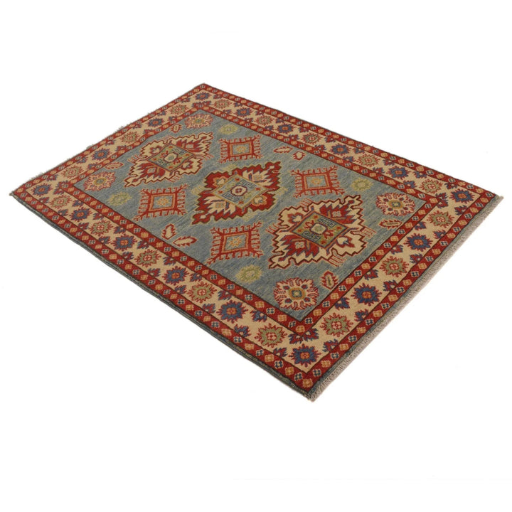 Blue Afghan Kazak Rug 3' 4" x 4' 10" Hand-Knotted | No. AL83457