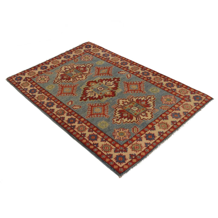 Blue Afghan Kazak Rug 3' 4" x 4' 10" Hand-Knotted | No. AL83457
