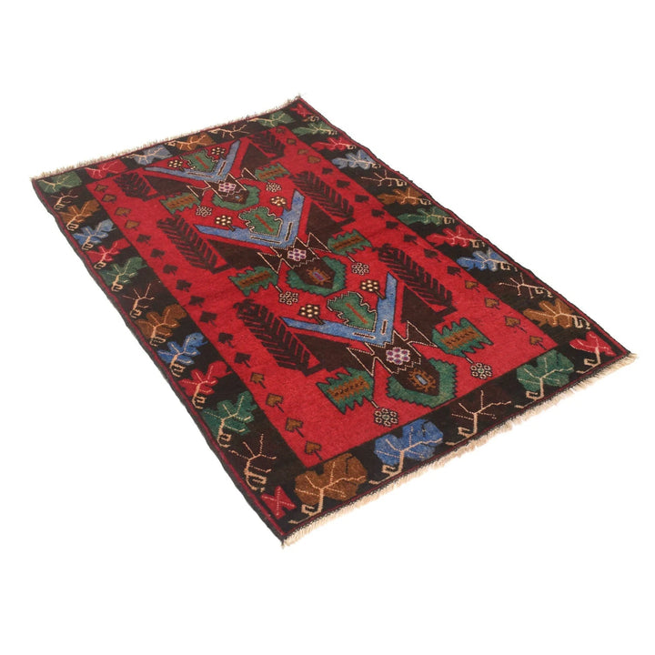 Red Afghan Baluchi Rug 3' 0" x 4' 5" Hand-Knotted | No. AL83512