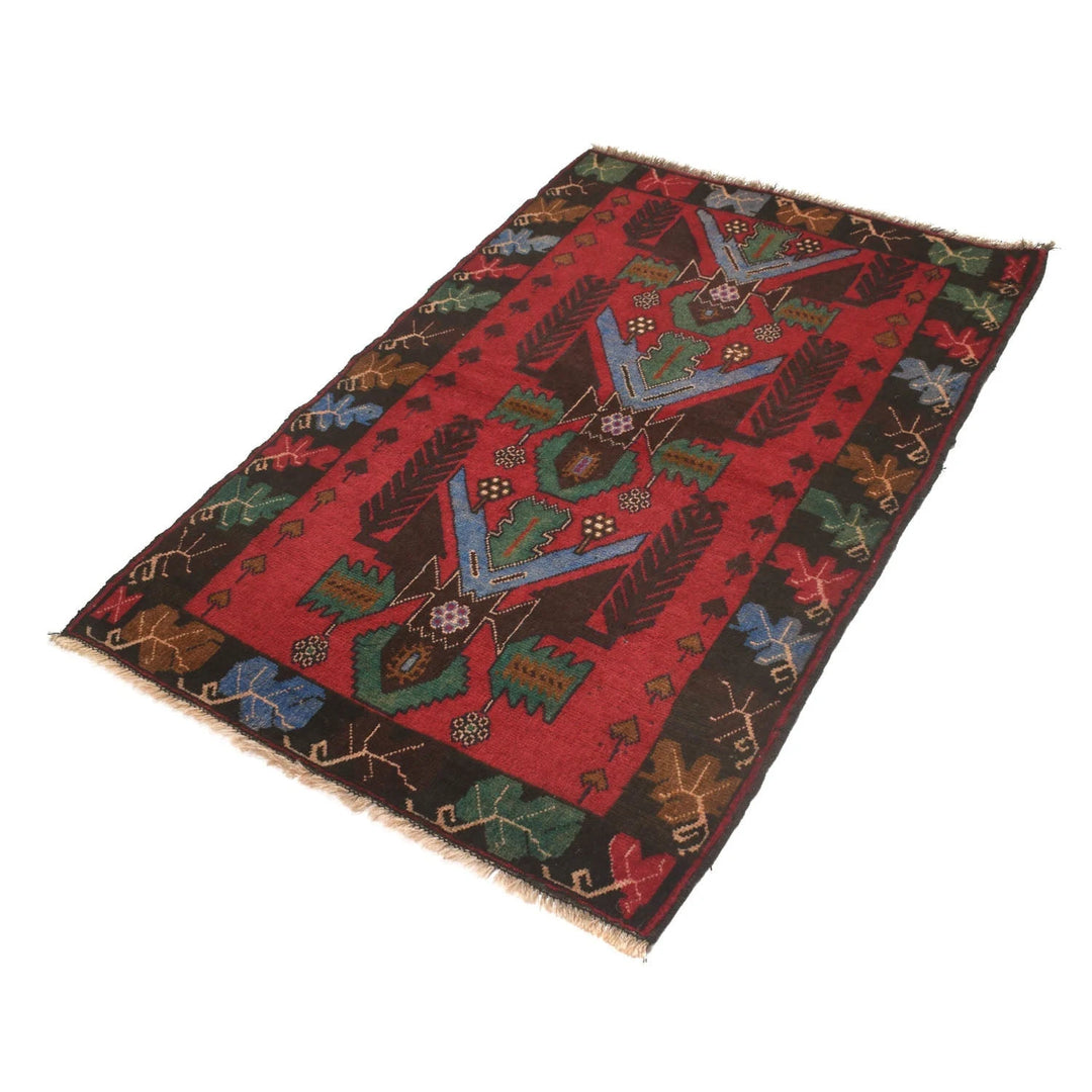 Red Afghan Baluchi Rug 3' 0" x 4' 5" Hand-Knotted | No. AL83512