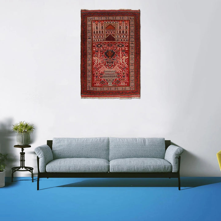 Red Afghan Prayer Rug 3' 4" x 4' 11" Hand-Knotted | No. AL83646