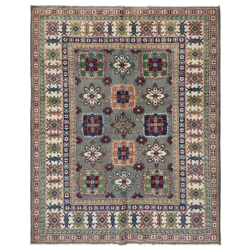 Gray Afghan Kazak Rug 4' 11" x 6' 6" Hand-Knotted | No. AL83750