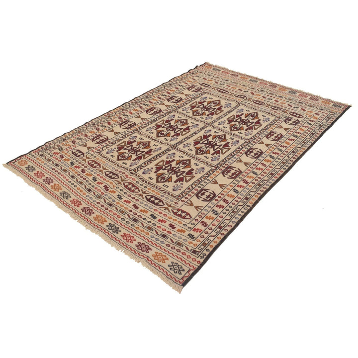 White Afghan Soumak Rug 4' 6" x 6' 5" Flat-Weave | No. AL84058