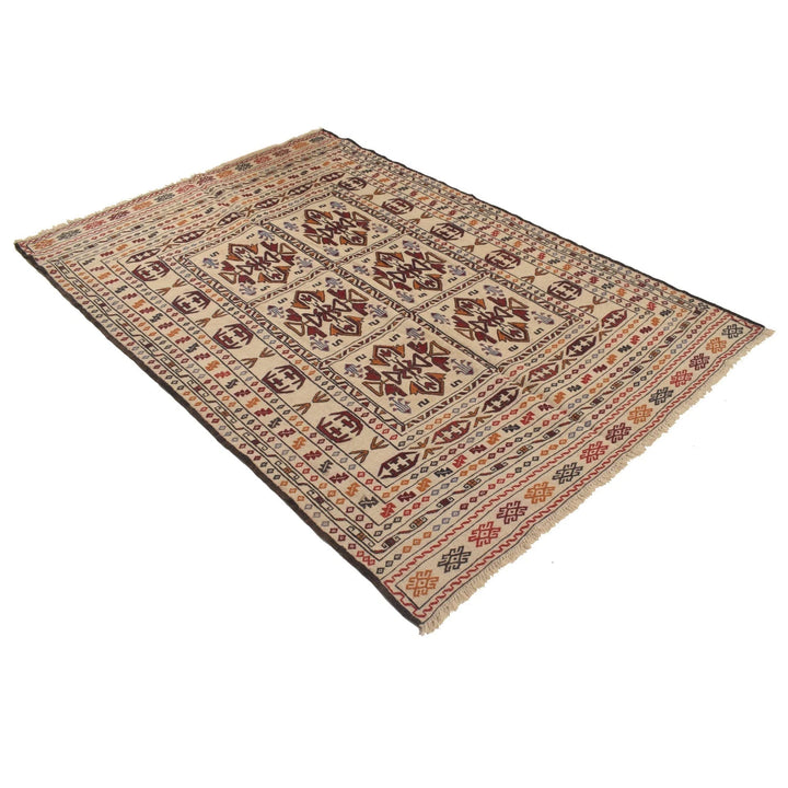 White Afghan Soumak Rug 4' 6" x 6' 5" Flat-Weave | No. AL84058