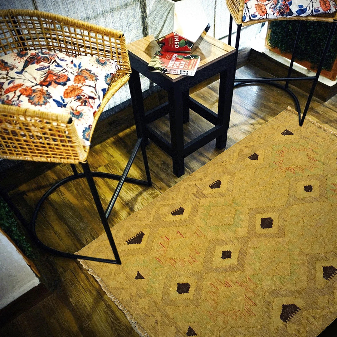 Yellow Afghan Kilim Rug 3' 6" x 4' 7" Flat-Weave | No. AL84120