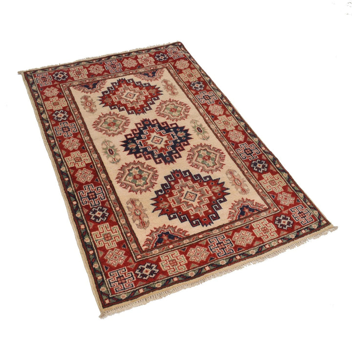 Ivory Afghan Kazak Rug 2'9" x 4'1" Hand-Knotted | No. AL84152