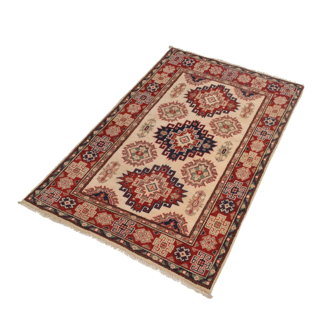 Ivory Afghan Kazak Rug 2'9" x 4'1" Hand-Knotted | No. AL84152
