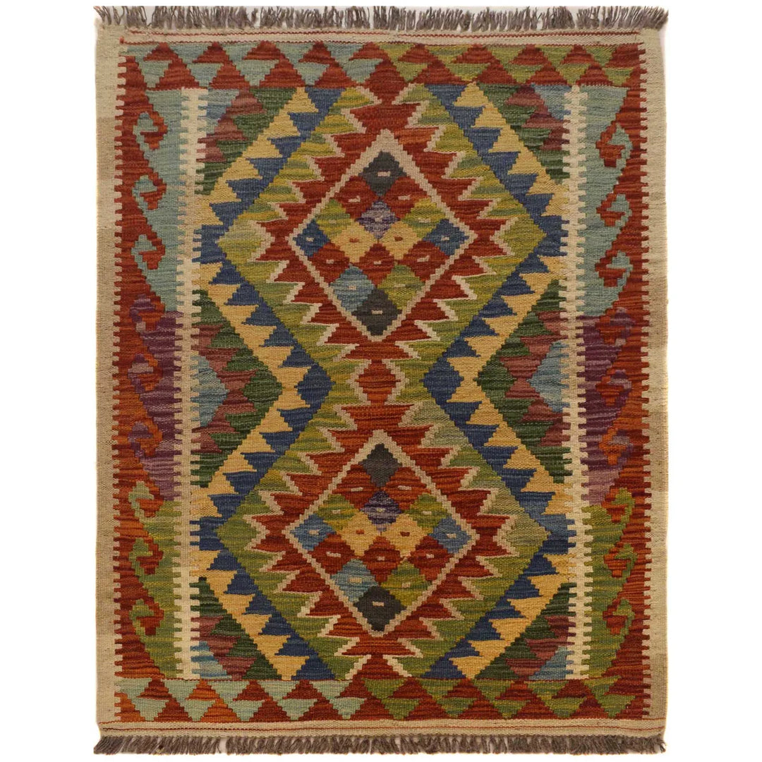Afghan Vegetable Kilim Rug 2' 11" x 3' 11" Flat-Weave | No. AL84204