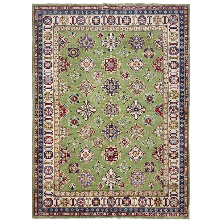Green Afghan Kazak Rug 5' 7" x 8' 0" Hand-Knotted | No. AL84325
