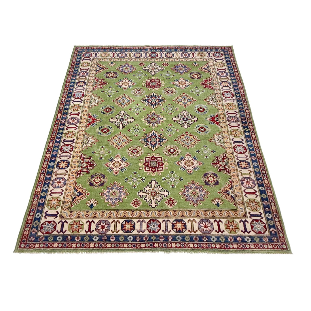 Green Afghan Kazak Rug 5' 7" x 8' 0" Hand-Knotted | No. AL84325